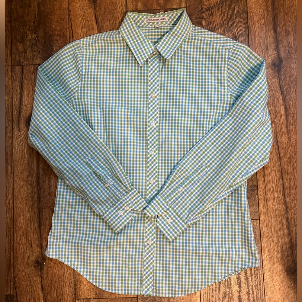 Port Authority Womens Blue, Green & White Plaid Shirt